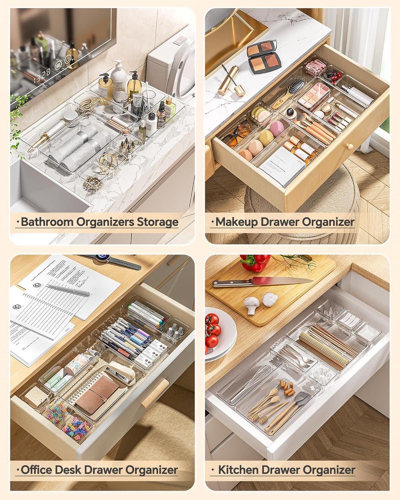 KEMETHY 25 PCS Plastic Drawer Organizers Set, 4 Sizes Vanity Organizer, Makeup and Desk Drawer Organizer Trays, Organization and Storage for Makeup, Bathroom, Kitchen Utensils and Office (Clear) - Image 4